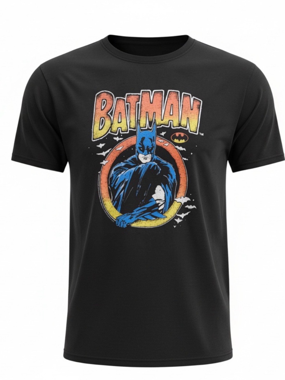 DC Batman Retro Graphic Tee - Black with Blue, Orange, Yellow Print